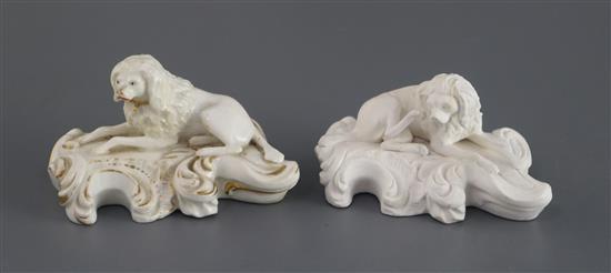 Two Derby porcelain figures of recumbent poodles, c.1825-45 L. 10.3cm